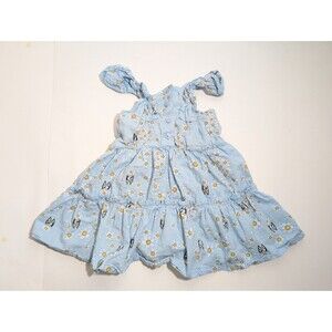 Bluey Girls' 3T Ruffled Tiered Dress Light Blue Daisy Print with Bluey Pups